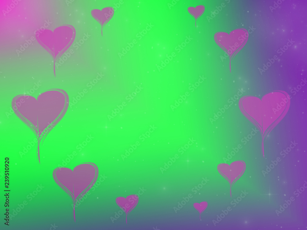 illustration, a lot of pink hearts in a circle on a green and lilac background, a place for the inscription, Valentine's day