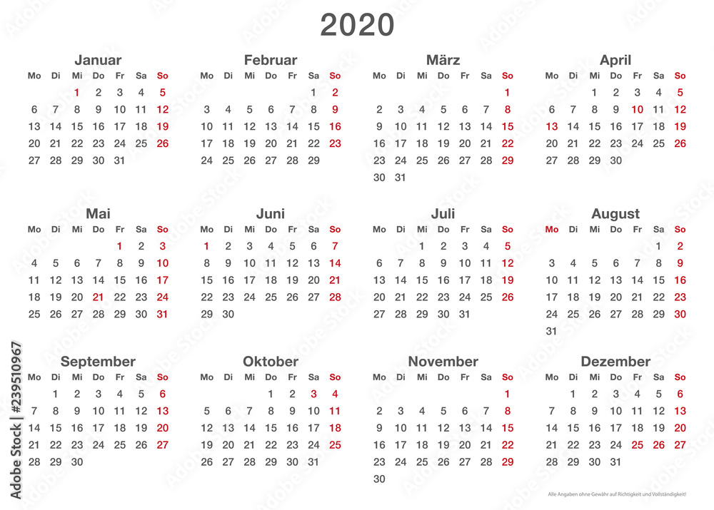 Kalendervorlage 2020, einfach, Querformat
