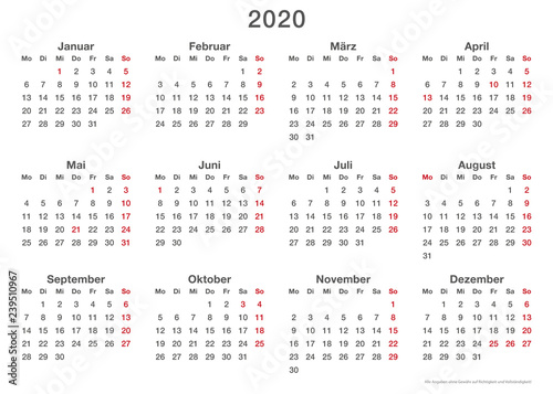 Kalendervorlage 2020, einfach, Querformat
