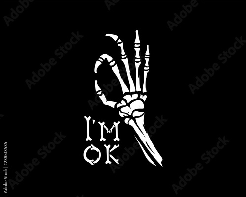 Vector skeleton hand showing gesture ok. Illustration isolated on black background. I'm OK vector sign.