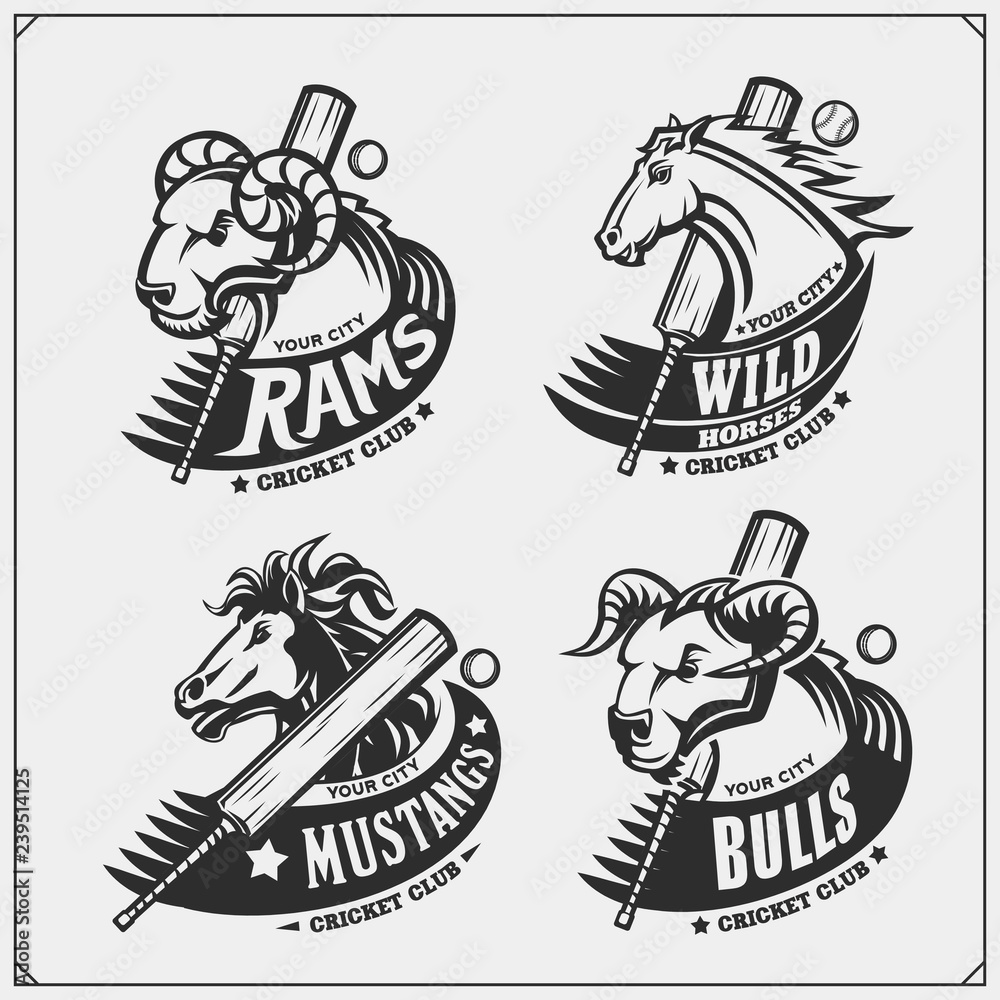 Obraz premium Set of cricket club emblems, labels, badges and design elements with horse, bull and ram. Print design for t-shirts.