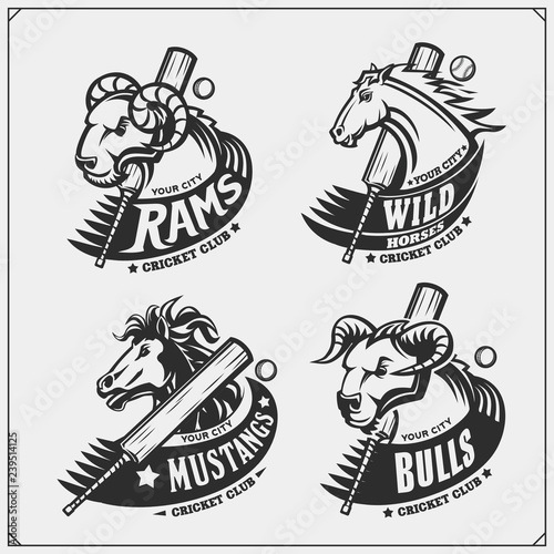 Set of cricket club emblems, labels, badges and design elements with horse, bull and ram. Print design for t-shirts.