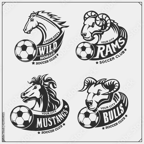 Set of soccer emblems, badges, logos and labels with bull, horse and ram. Print design for t-shirts.