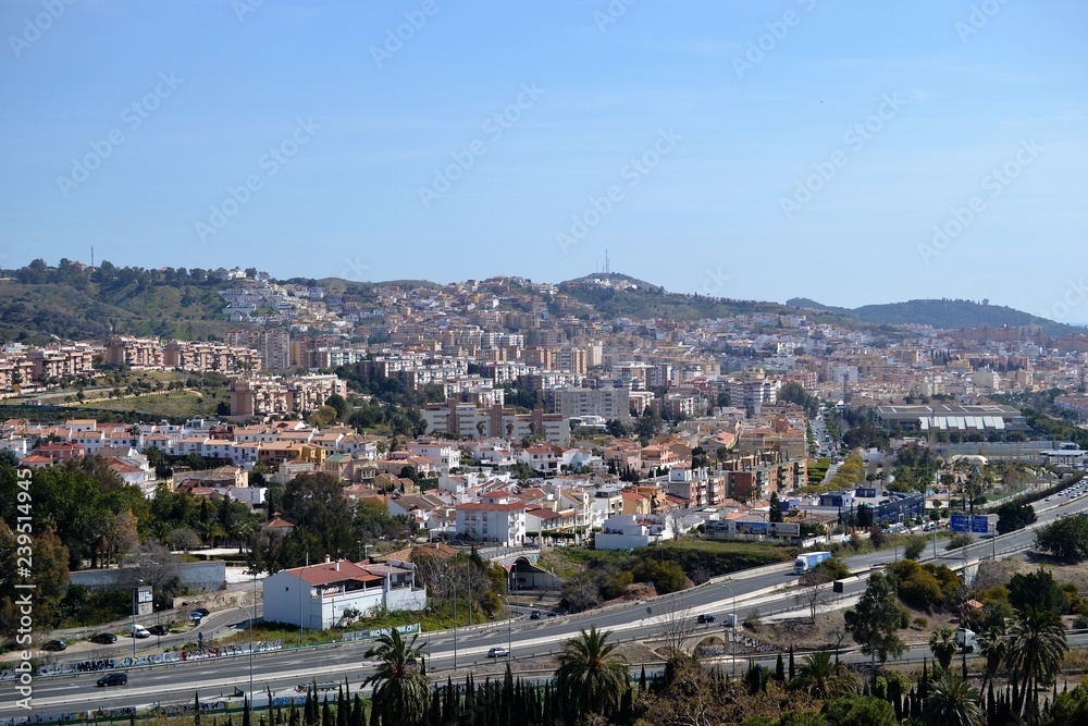 panoramic city view from park in Malaga, Conception garden, jardin la concepcion in Malaga, Spain, botanical garden