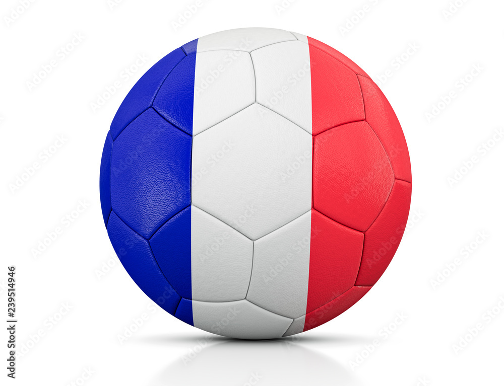 Soccer Ball, Classic soccer ball painted with the colors of the flag of France and apparent leather texture in studio, 3D illustration