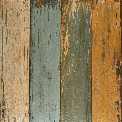 Yellow, blue, brown grungy textured plank background