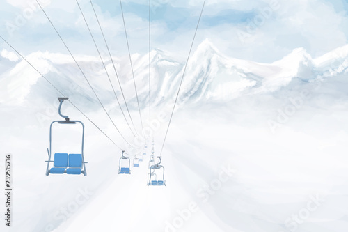 Empty landscape, depicting winter mountains, ski slope, ski lifts. Winter basis background for cards, invitations, web- pages, flyers  photo