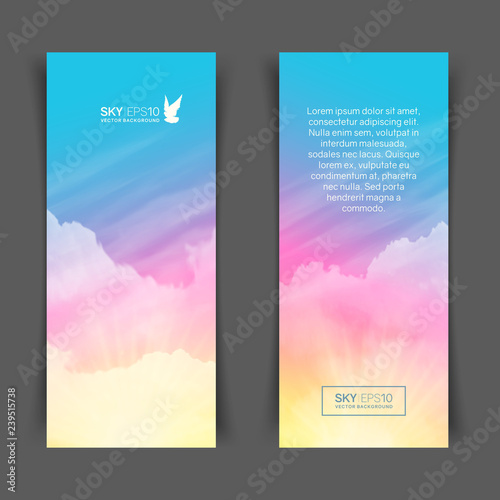 Narrow vertical vector banners with realistic pink-blue sky and cumulus clouds. The image can be used to design a flyer and postcard.