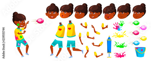 Indian Girl School Kid Vector. Animation Creation Set. Face Emotions, Gestures. Teenage. Spring Holi Festival. Hindu. Asian. For Web, Brochure, Poster Design. Animated. Isolated Cartoon Illustration
