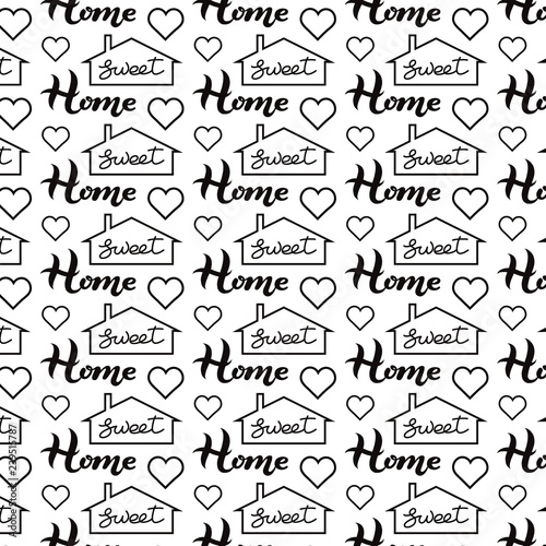 Sweet Home hand drawn lettering words, house and heart silhouette seamless pattern isolated. Poster, banner template. Illustration - print for fabric, apparel, clothes, cards, packaging design.
