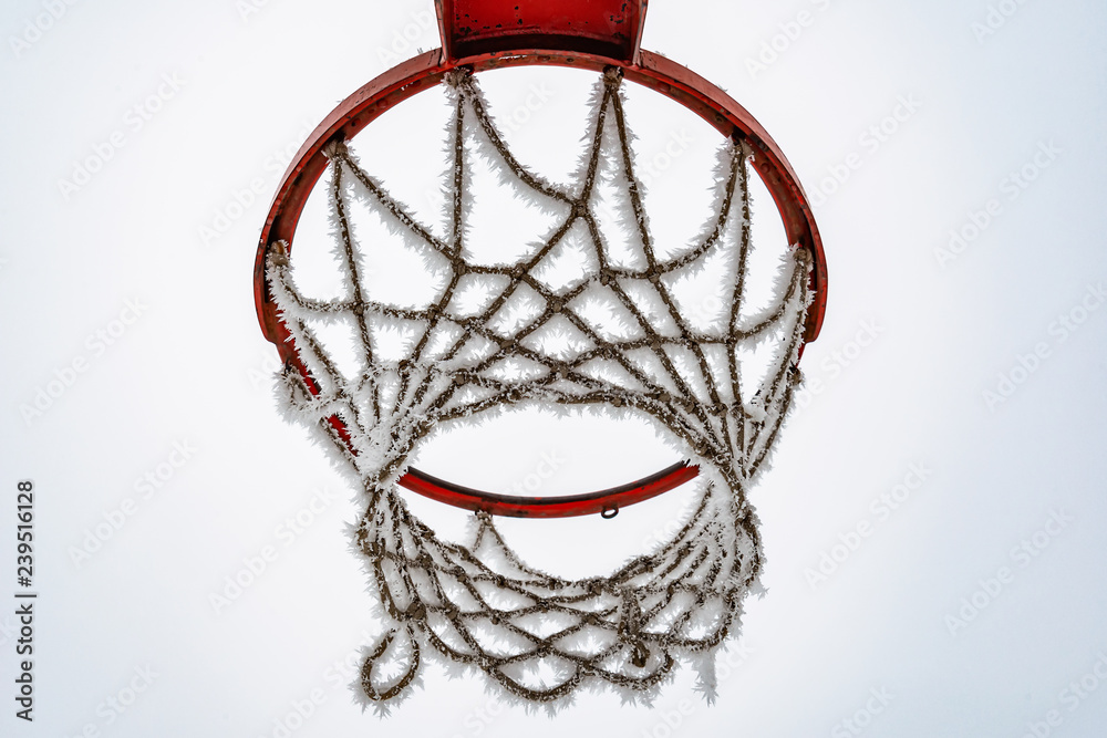 Fototapeta premium Basketball net covered in snow. Frozen basket.