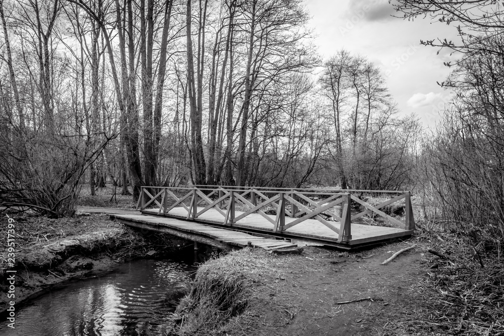 Black and white photo of a wooden bridge over a small river