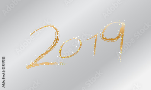 Happy new Year Card, 2019 Golden Text, Cretaive Typography decorate with bright sparkle, Vector Illustration