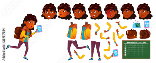 Indian Girl School Kid Vector. Primary School Child. Animation Creation Set. Face Emotions, Gestures. Student. Hindu. Asian. Placard Design. Animated. Isolated Cartoon Illustration