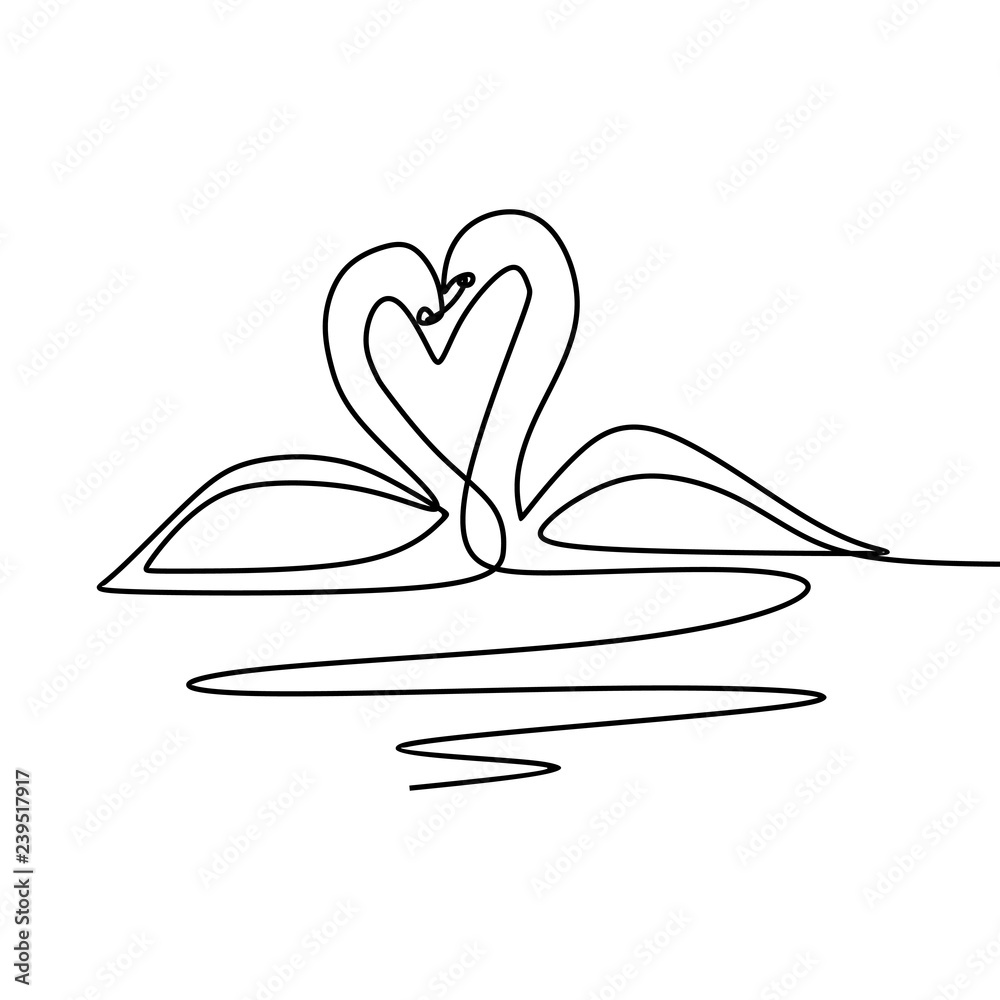 One continuous line drawing of cute swans couple swimming on the lake and  their heads formed romantic heart shape. Romantic animal love concept  single line graphic draw design vector illustration 3592176 Vector