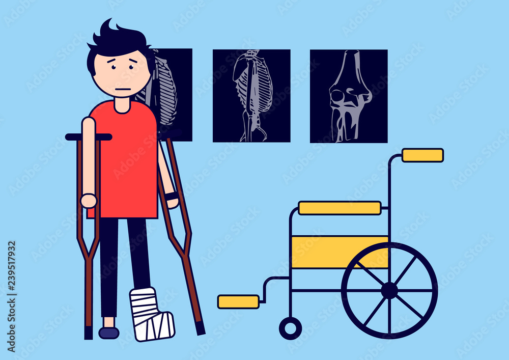 Traumatology. A boy with a broken leg on crutches and with a wheelchair ...