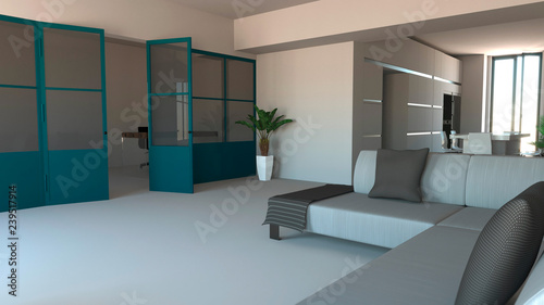 Parete vetrata in ferro e vetro di color blu  soggiorno  living space e cucina. Design di interni moderno. 3d rendering. Open space  divano e cuscini
