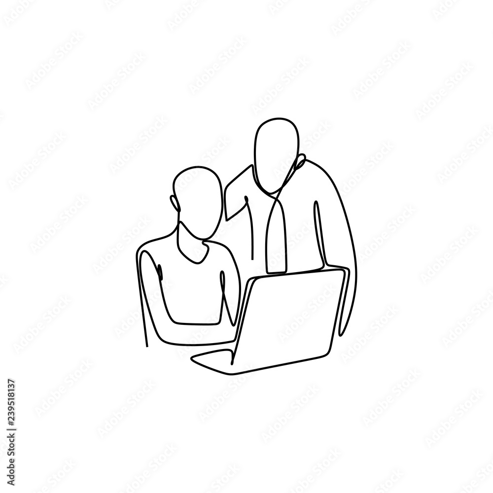 one line drawing vector of two person working in the office with laptop.  Concept of manager and his employee. Stock Vector | Adobe Stock