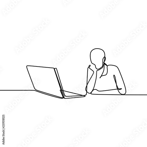 one line drawing vector of a man watching and working in front of a laptop