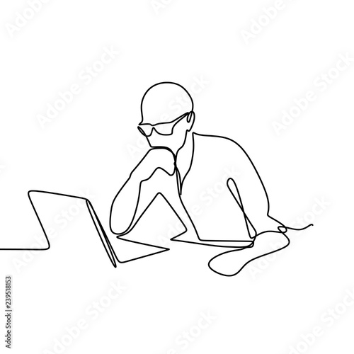 one line drawing vector of a person think deeply on the laptop