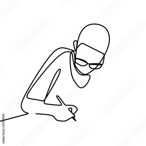 One line drawing of a man wearing glasses study hard writing something isolated on white background vector illustration.