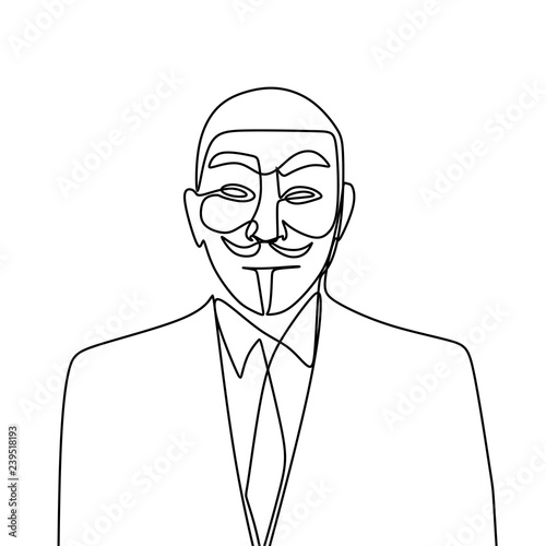 Hacker One line drawing of anonymous face character. Portrait close up of a criminal with single continuous lineart isolated on white background.