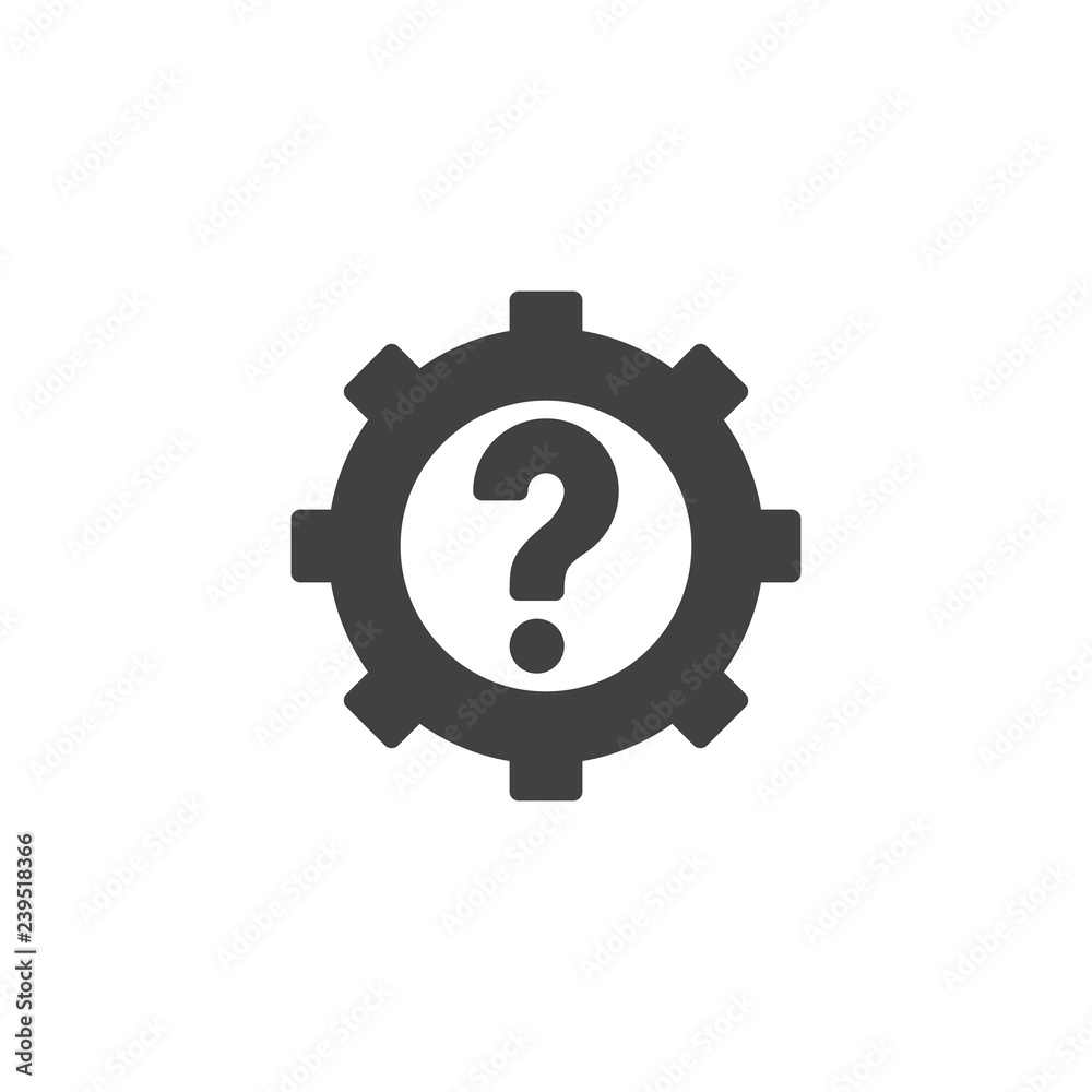 Gear with question mark vector icon. filled flat sign for mobile concept and web design. faq simple solid icon. Symbol, logo illustration. Pixel perfect vector graphics Gear with question mark vector icon. filled flat sign for mobile concept and web design. faq simple solid icon. Symbol, logo illustration. Pixel perfect vector graphics