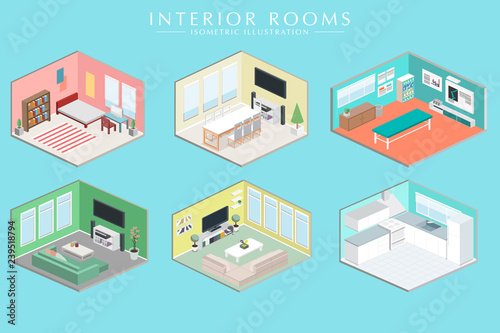 Different room Interiors Vector Isometric set
