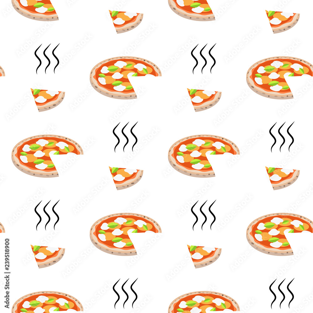 Vector illustration. Seamless pattern with pizza margarita and cut slice. Background with traditional italian food for different design.