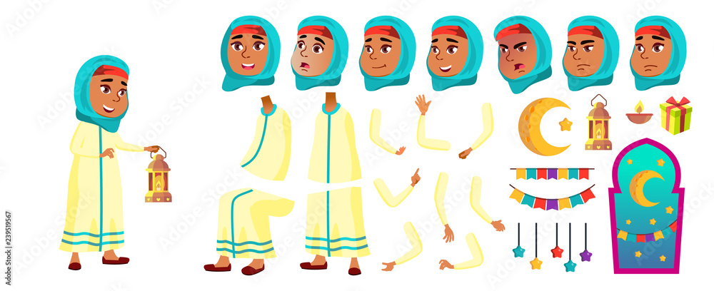Arab, Muslim Girl Kid Vector. Primary School Child. Animation Creation Set. Celebrating Ramadan Kareem. Gestures. For Advertisement, Greeting, Announcement Design. Animated. Isolated Illustration Arab, Muslim Girl Kid Vector. Primary School Child. Animation Creation Set. Celebrating Ramadan Kareem. Gestures. For Advertisement, Greeting, Announcement Design. Animated. Isolated Illustration