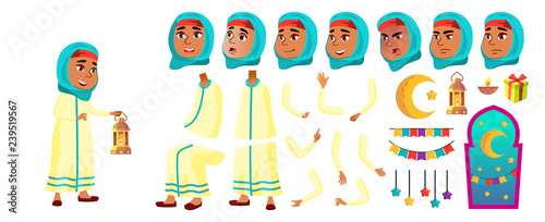 Arab, Muslim Girl Kid Vector. Primary School Child. Animation Creation Set. Celebrating Ramadan Kareem. Gestures. For Advertisement, Greeting, Announcement Design. Animated. Isolated Illustration