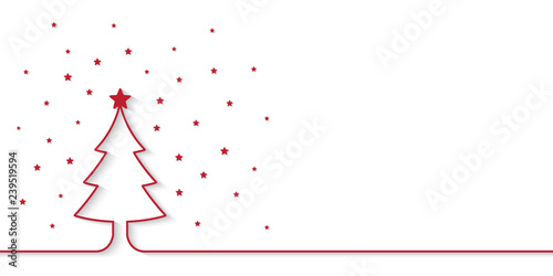 Christmas banner with red one line style outline christmas tree and little star pieces. Holiday banner with space for text.