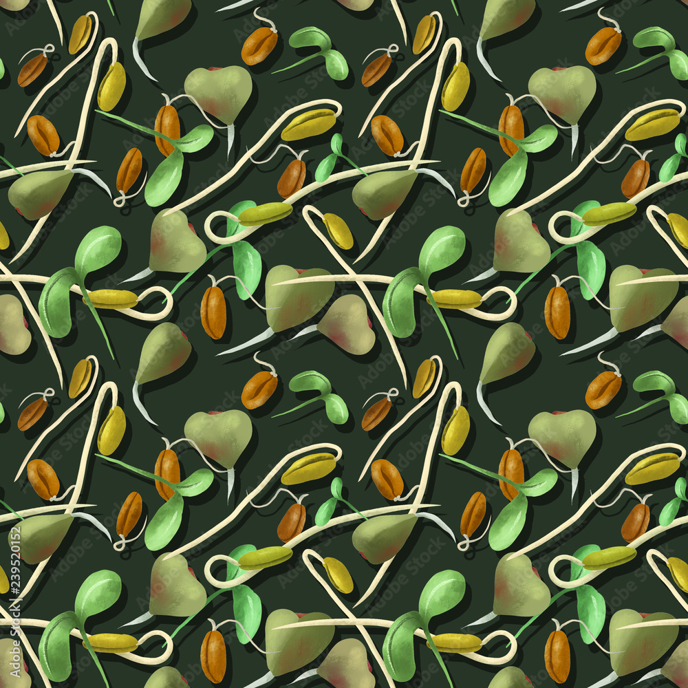 Vegetable Seamless Pattern of Sketch Buckwheat Soy Wheat Sprout, Used in Vegan and Healthy Recipes. Vegetable Seamless Pattern of Sketch Buckwheat Soy Wheat Sprout, Used in Vegan and Healthy Recipes.