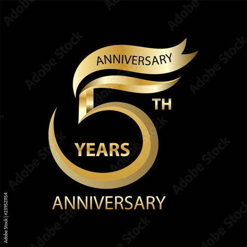 golden 5th anniversary sign and logo for gold celebration symbol