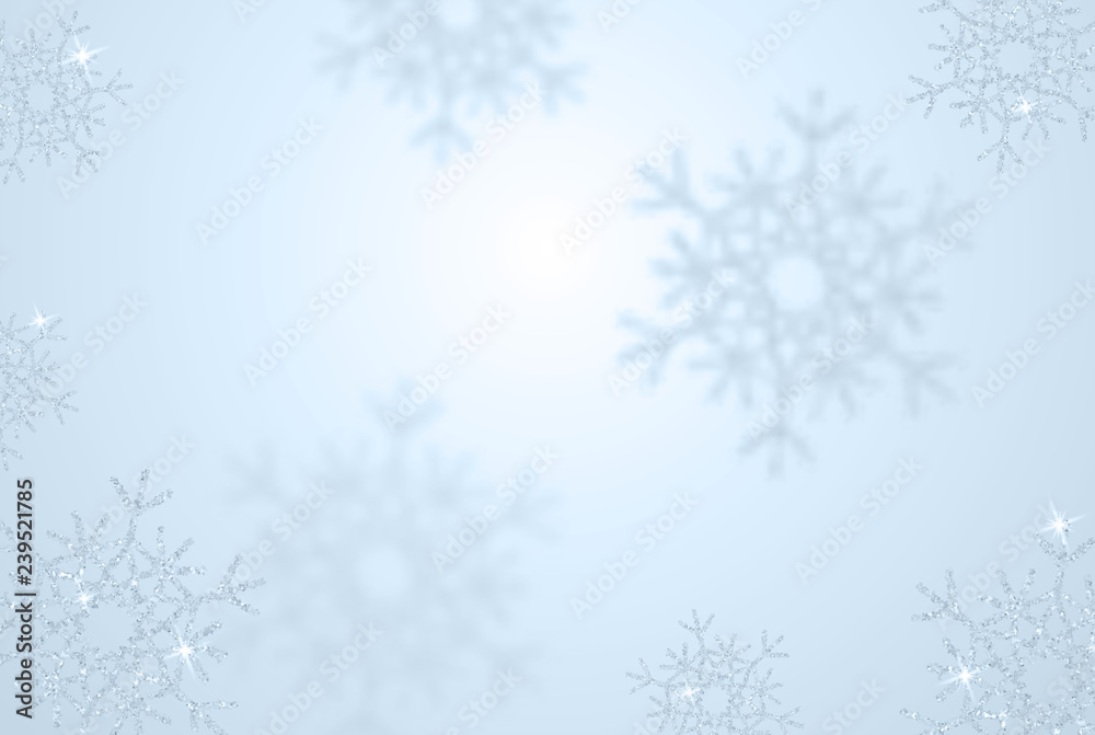 Winter Christmas and New Year holiday background with glitter snowflake, light star. Vector Illustration backdrop. Frosty Xmas card design. Empty space for your greeting text.