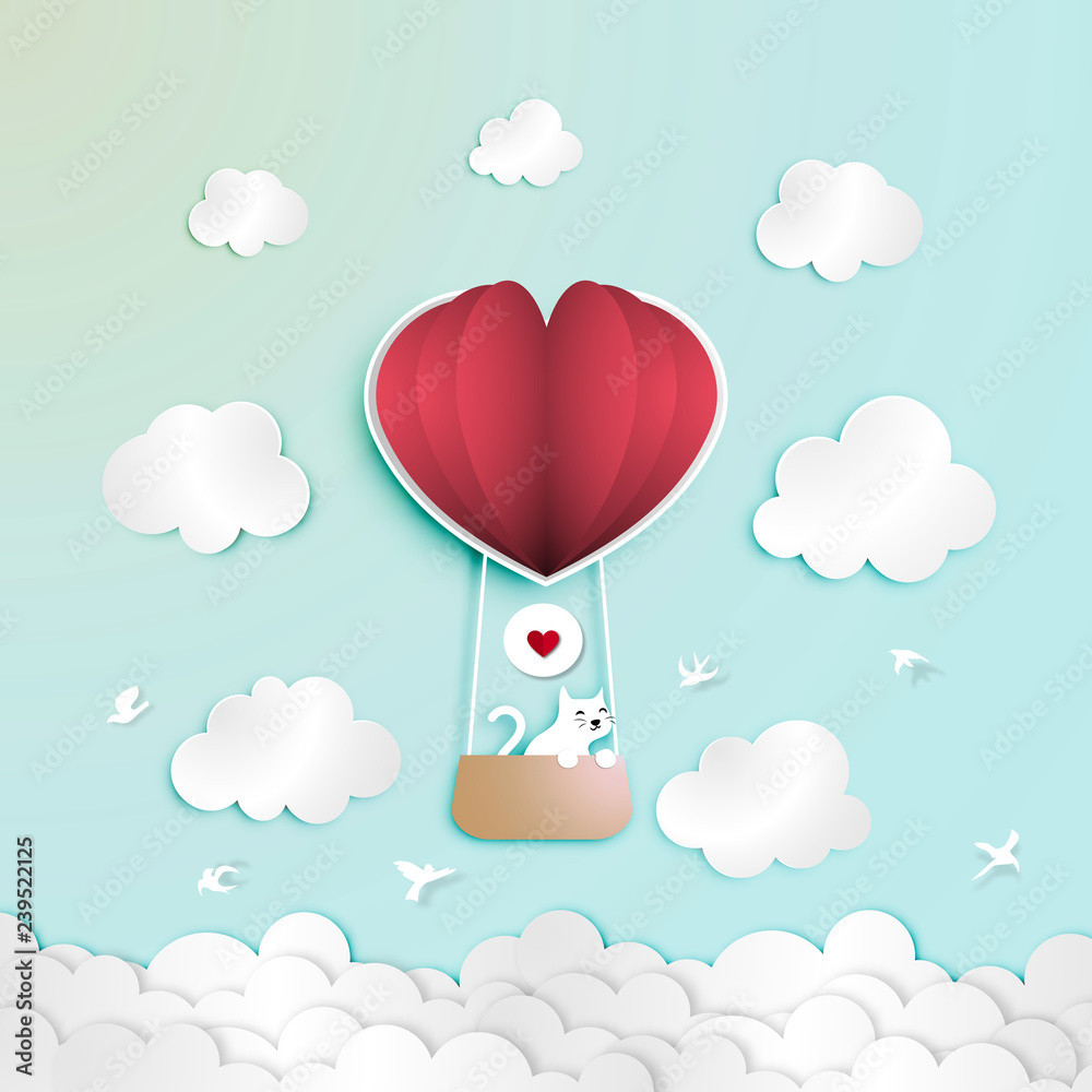 Paper art of Valentine Day Festival with White Cat in Paper Balloon Heart Shape Basket on The Blue Sky vector