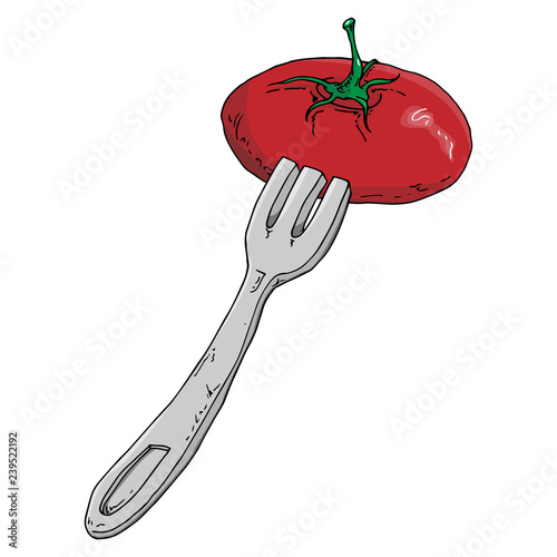 Tomato on fork icon. Vector illustration of a fork with marinated tomato logo. Hand drawn pickled tomato.