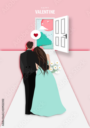 Paper art of valentine day festival with married couple looking to sunset outside view from sweet home background vector