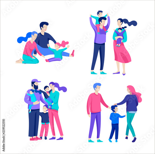 Family spend time together, happy parents with children. Vector people character