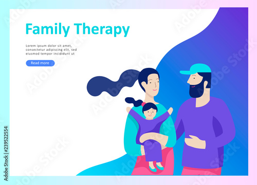 Landing page templates happy family, travel and psychotherapy, family health care, goods entertainment for mother father and their children. Parents with daughter and son have fun