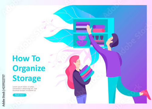 set of Landing page template about effective house organization. People character couple men and woman clean the house, efficiently organize a wardrobe