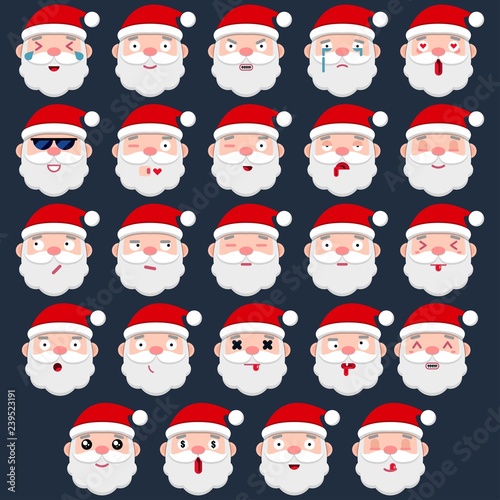 Set of Cute Santa Claus icons with different expressions of emotions. Santa Claus Emoji, face of Santa Claus with different expressions of emotions. Vector illustration.Christmas emoji collection.