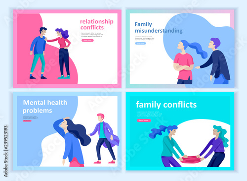 Set of Landing page templates for psyhology mental problems, depression panic attacks, paranoia anger control, relationship family conflict, stress and misunderstanding, group psychotherapy