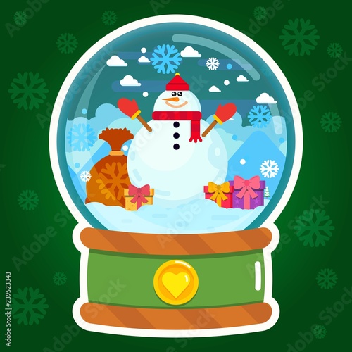 Merry Christmas cute snowman wearing red muffler in glass globe with gifts enjoying snowflakes and snowfall in winter.