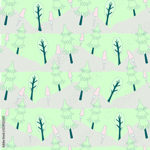 Cute forest seamless pattern. Pastel colour cartoons design green tree, fir tree, pink mushroom, grey hill for web, textile, wrapping paper, wallpaper