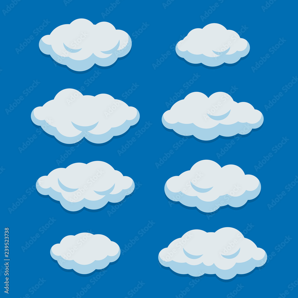 Cartoon Clouds Set on Blue Sky Background. Vector
