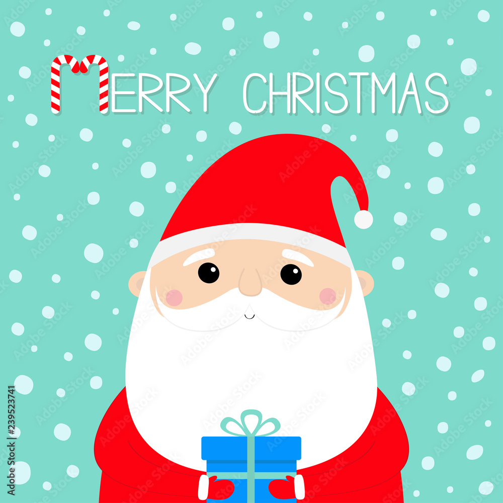 Merry Christmas. Santa Claus holding gift box. Funny face head. Candy cane. New Year. Red hat. Moustaches, beard. Cute cartoon funny kawaii baby character. Flat design. Blue snow background.