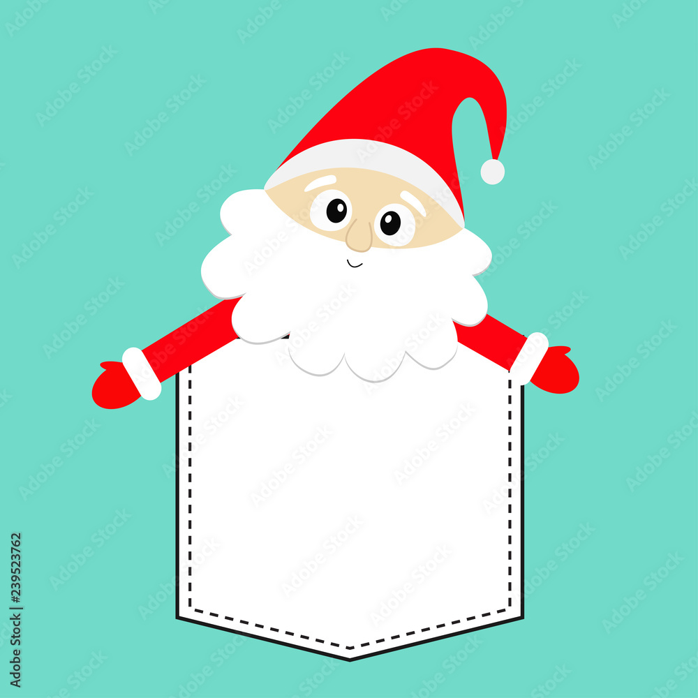 Santa Claus wearing red hat, costume, big beard. T-shirt pocket. Cute  cartoon kawaii funny character with open hand. Merry Christmas. New Year.  Baby collection. Greeting card. Blue background. vector de Stock