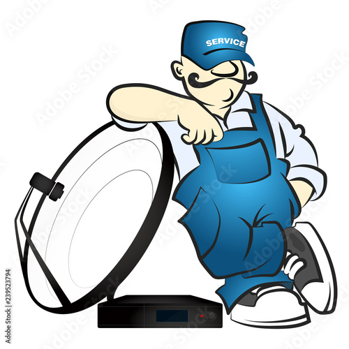 Worker in uniform installing satellite antenna vector