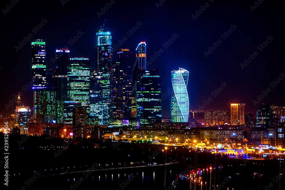 View of the lights of Moscow city from the hill at night